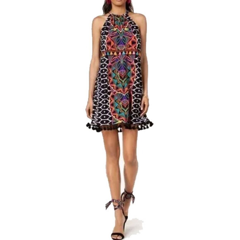 NWOT Trina Turk X Inc Halter Tassel Mini Dress M Tribal Print Tropical Geo